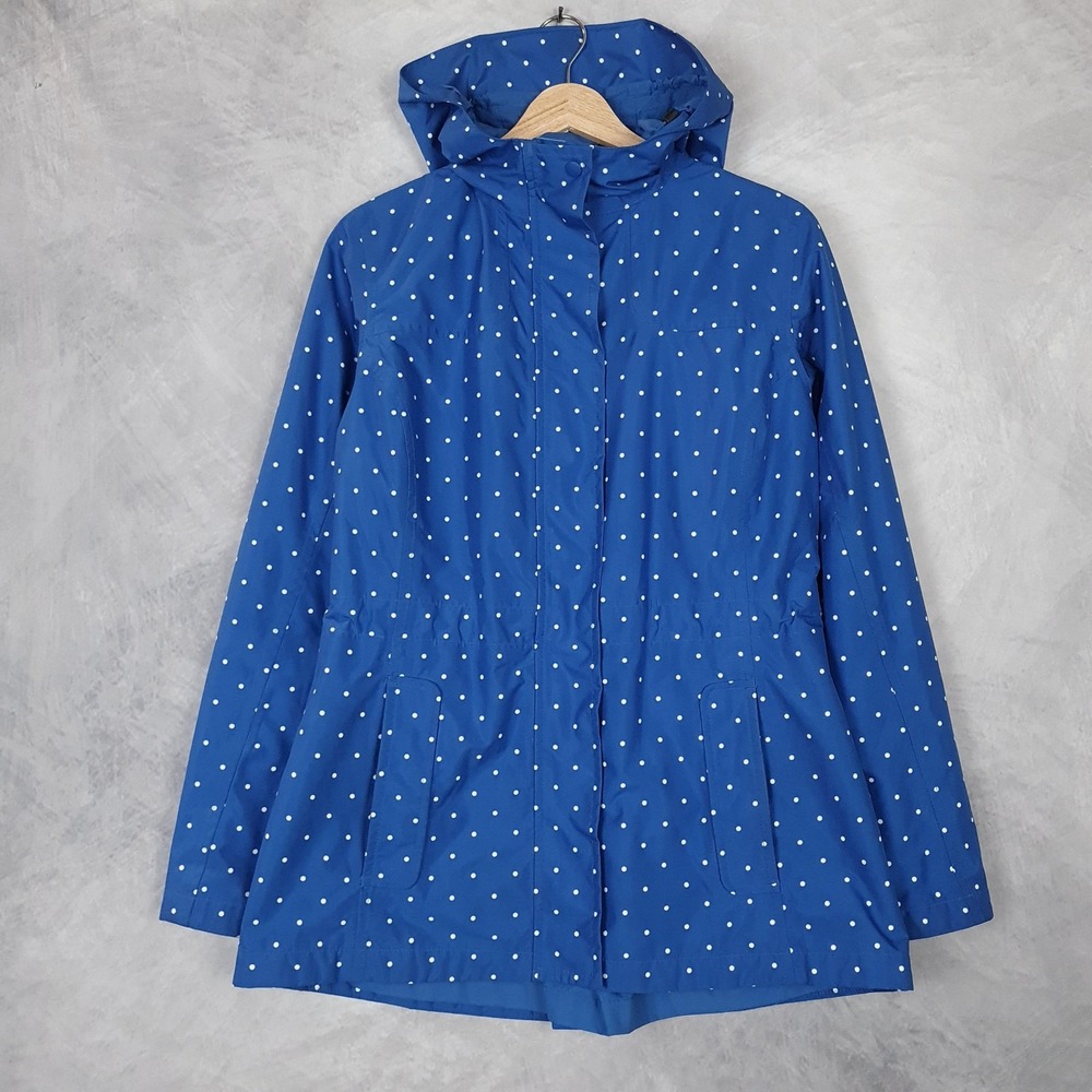 LL Bean Rain Coat Womens Small Blue Polka Dot Hooded H2OFF Lightweight Packable